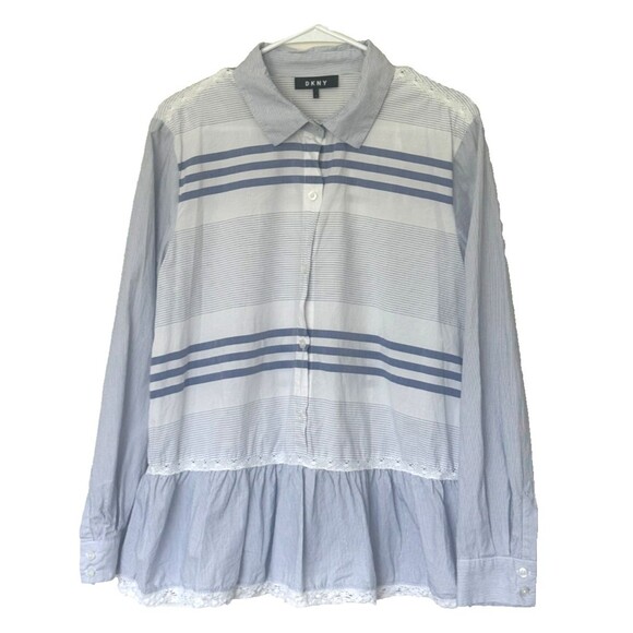 DKNY Donna Karan Striped Blouse sz L Ruffle Hem Pointed Collar Long Sleeve Work - Picture 2 of 9